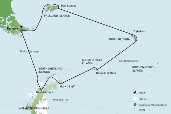 Google Map of Falklands, South Georgia, & Antarctica Sea Cruise