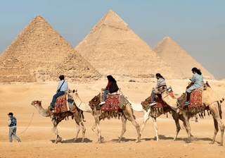 Four People Riding on Camels Across the Pyramids Canva Pro Four People Riding on Camels Across the Pyramids Canva Pro
