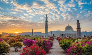 Grand Mosque Muscat Oman sunset flowers