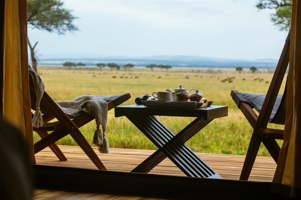 Header Image 13 Cherero Camp morning tea at verandah with view of Serengeti plains Header Image 13 Cherero Camp morning tea at verandah with view of Serengeti plains