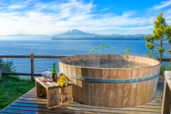 Hot tub mountain view Cabana del Lago Chile Hot tub mountain view Cabana del Lago Chile