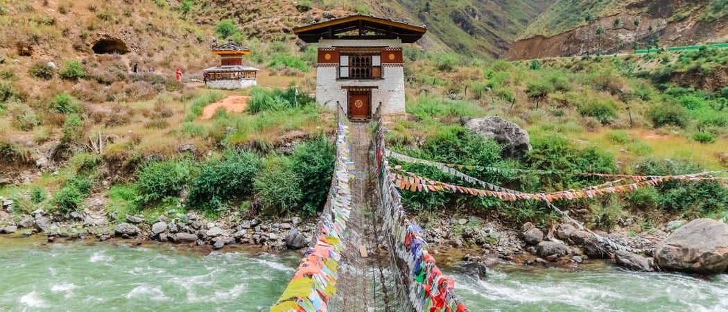 Lhakhang Monastery Bridge Paro river Bhutan