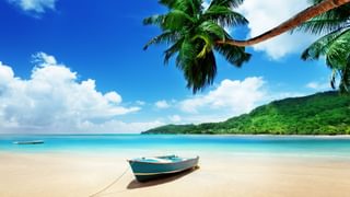 Tied boat on sand at Mahe island Seychelles canva pro Tied boat on sand at Mahe island Seychelles canva pro
