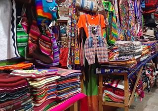 Traditional Peruvian clothing at market Peru Traditional Peruvian clothing at market Peru