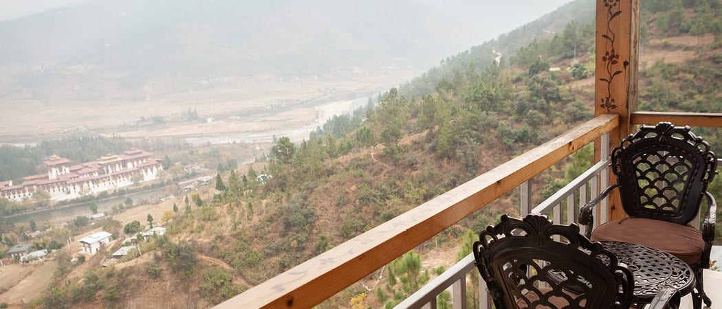 View from balcony Zhingkham Resort Punakha Bhutan
