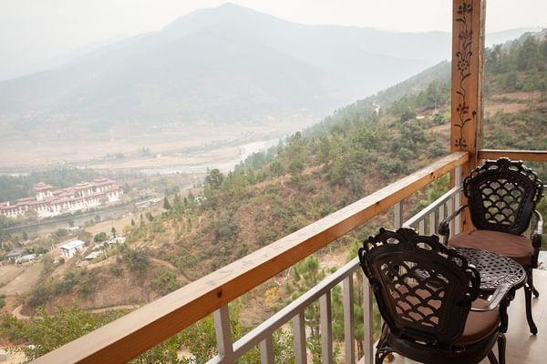 View from balcony Zhingkham Resort Punakha Bhutan View from balcony Zhingkham Resort Punakha Bhutan