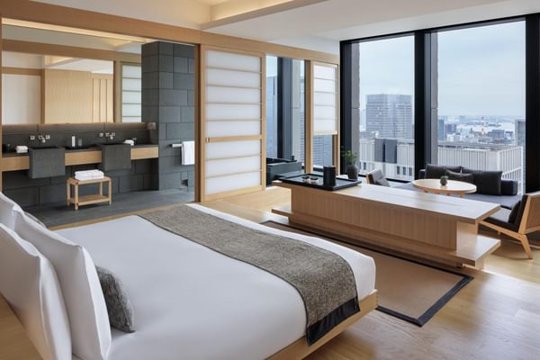 Panorama suite bedroom Aman hotel Tokyo Japan Panorama suite bedroom Aman hotel Tokyo Japan