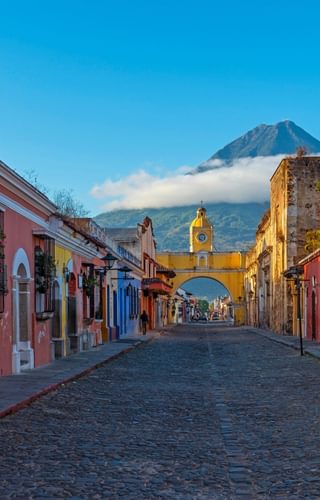 Antigua City Guatemala archway volcano
